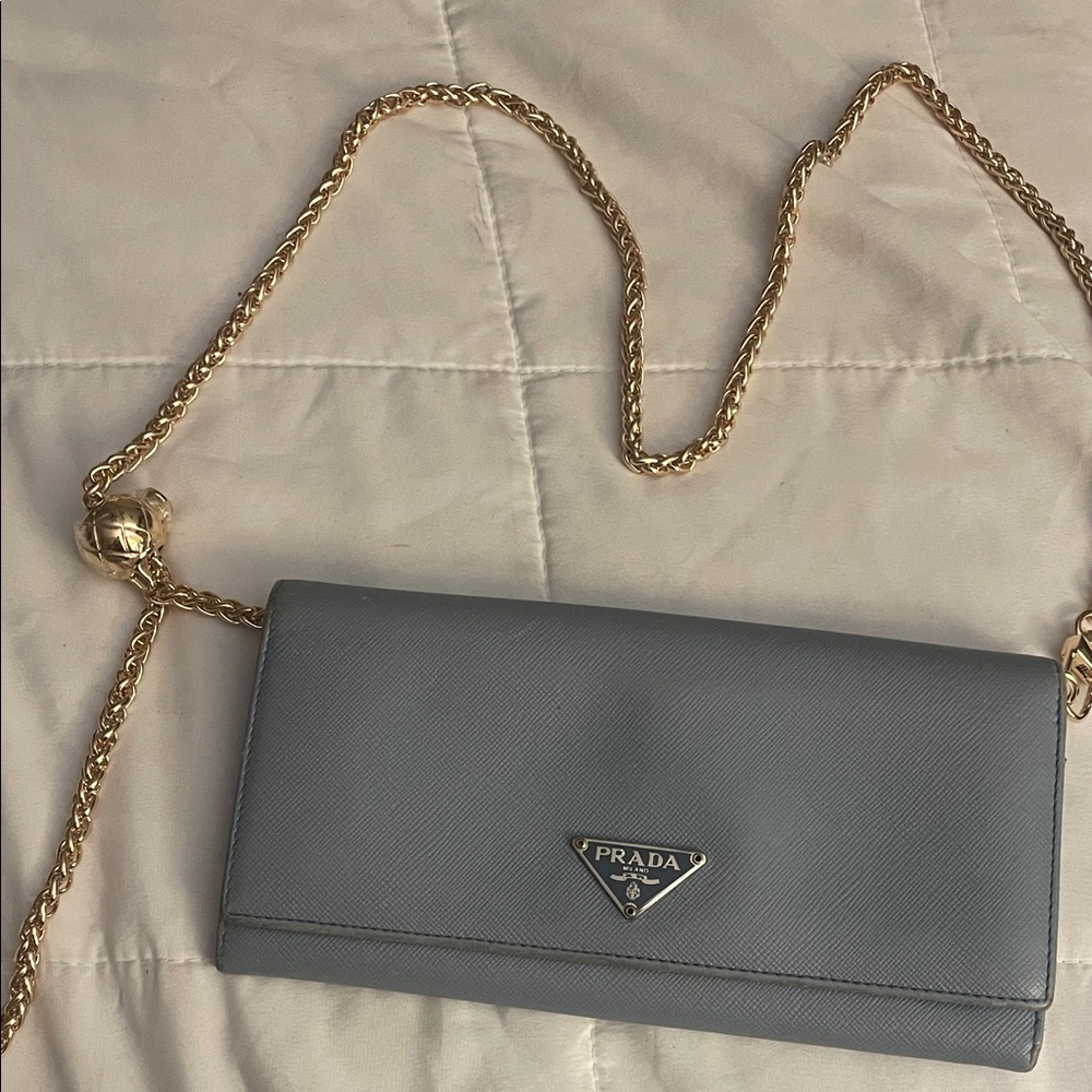 Prada Blue Leather Crossbody with Gold Chain